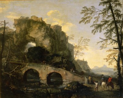 Landscape with a dilapidated bridge by Salvator Rosa